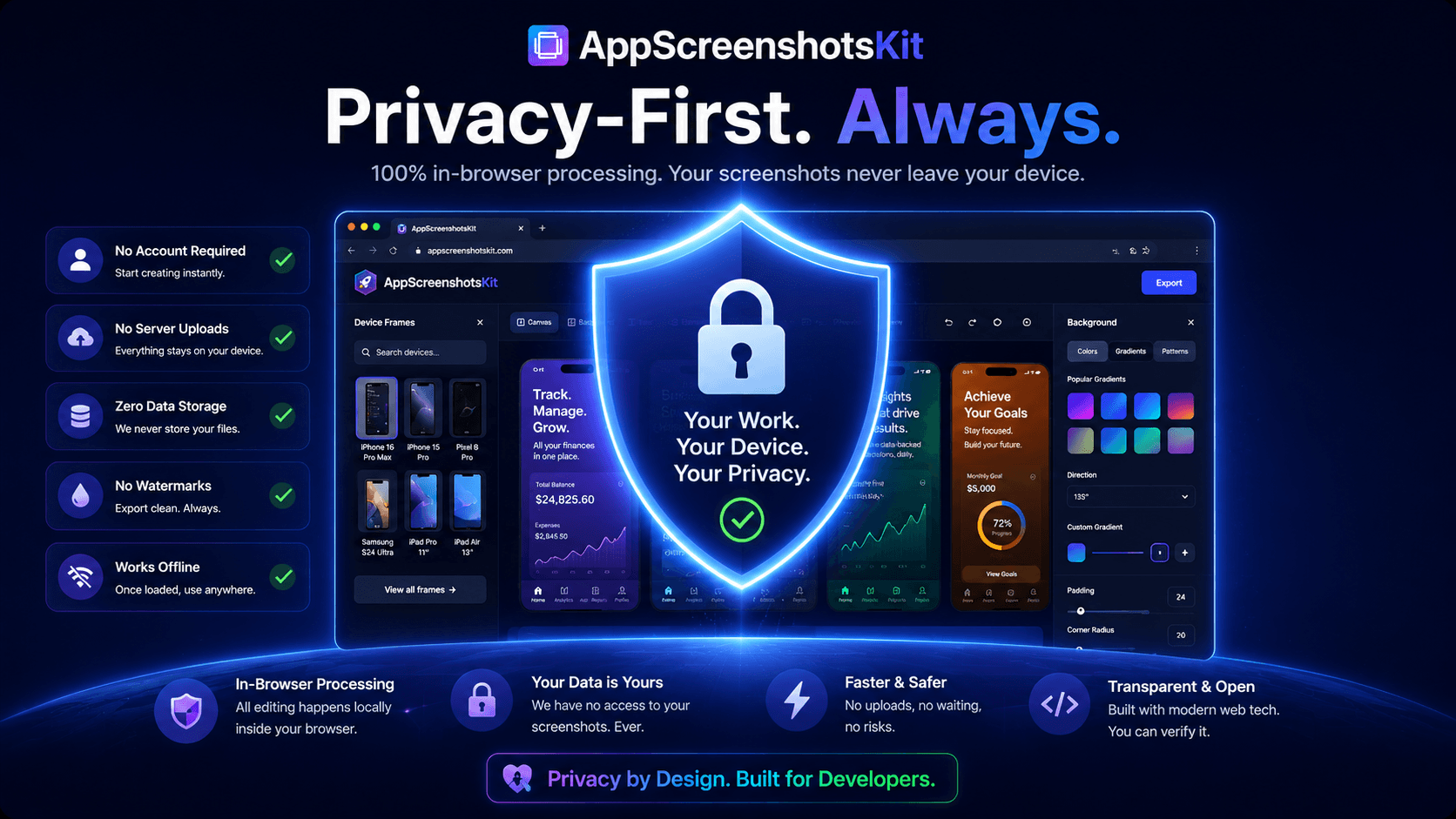 Privacy-First: AppScreenshotsKit Processes All Your Data Right in Your Browser. No Account Needed.