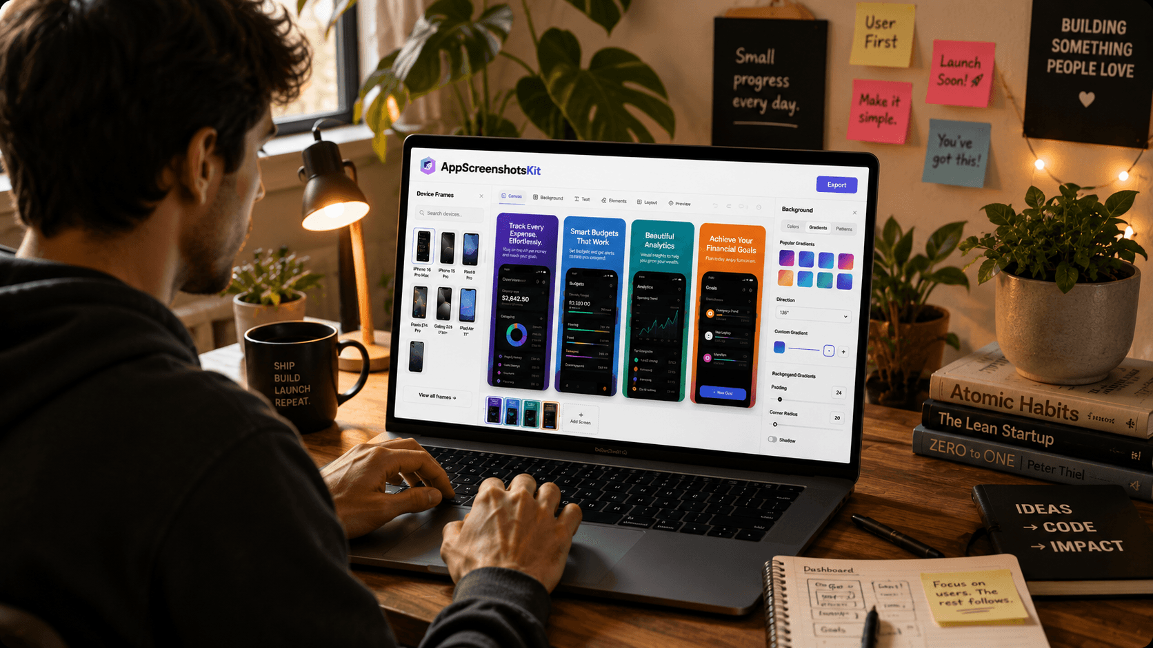 Indie Developer Crafting Perfect App Store Visuals Using AppScreenshotsKit on Their Laptop