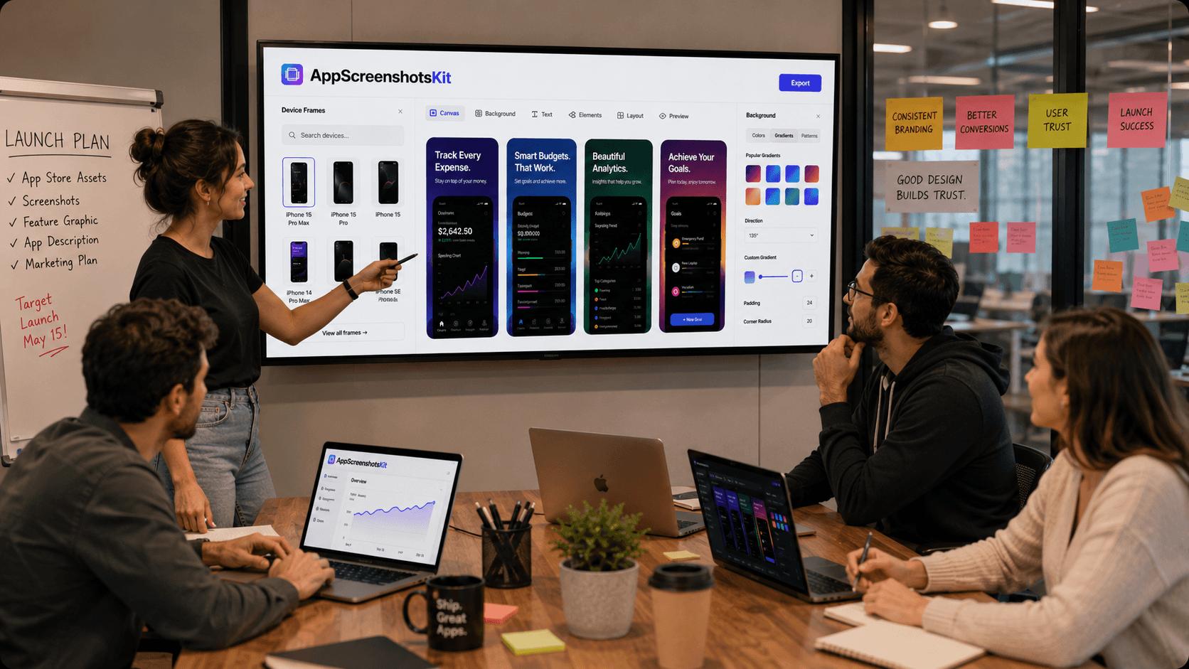 Team Collaborating on App Launch Strategy, Leveraging AppScreenshotsKit for Unified Visuals